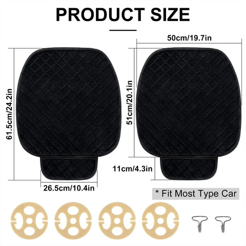 2 Pack Universal Front Seat Covers With Storage Pockets, showcasing dimensions, black padded design, fit for cars, SUVs, trucks, vans.