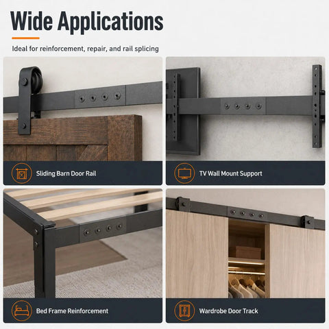 Wide applications of Heavy Duty Sliding Barn Door Track Connector Rock Solid Carbon Steel Splice Kit for various uses.