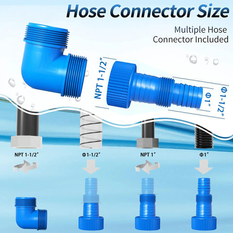 Hose connector sizes for Half HP Sump Pump With 4900 GPH High Flow For Clean And Dirty Water Portable Thermoplastic Electric Pump