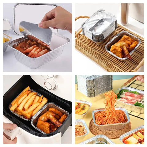 40 Pack 5x4 Inch Disposable Aluminum Foil Pans with Cardboard Lids used for serving various cooked dishes.