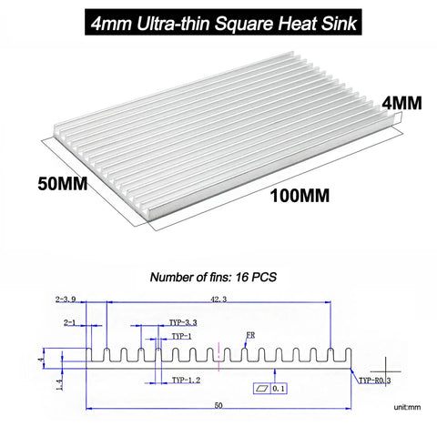 Dope Ultra Slim Aluminum Heatsink Kit 100x50x4mm with fin details and dimensions for passive cooling