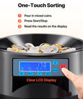 Image of Coin Counter And Sorter Machine for US coins with LCD display showing result, hand pressing start button for sorting.
