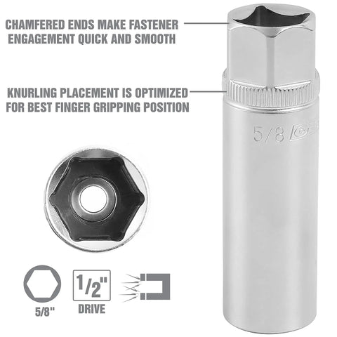 Magnetic Spark Plug Socket, 5/8 Inch, 1/2 Drive, Deep Marking For Quick ID, Knurl Grip Optimized For Easy Handling, Satin Finish