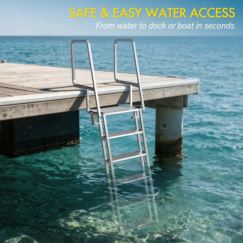 Flip Up Dock Ladder For Boats And Docks, 4 Steps, 350 Lbs Capacity, Wide Non Slip Aluminum Steps mounted on a dock over water