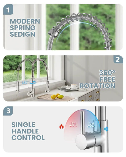 Kitchen Faucet With Pull Down Sprayer For Commercial Kitchens Built Tough Stainless Steel Single Handle Spring Design Brushed Nickel Finish