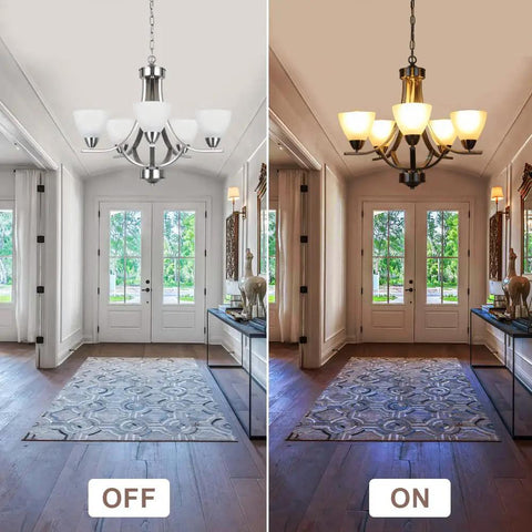 5-Light Dope Modern Chandelier With Alabaster Glass Shades In Brushed Nickel Finish Contemporary Candle Style Dining Room Light Fixture For Living Room Bedroom And Bathroom shown in hallway, off and on next to door with rug
