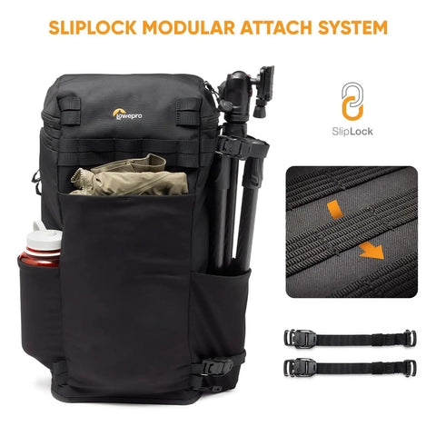 ProTactic Lite BP 250 AW III Laptop Backpack with top and side access, exterior bottle and tripod pockets, SlipLock system close-up