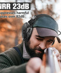 Man wearing Noise Reduction Ear Muffs With Gel Ear Pads 23dB NRR Slim Design For Gun Range And Hunting, aiming a rifle