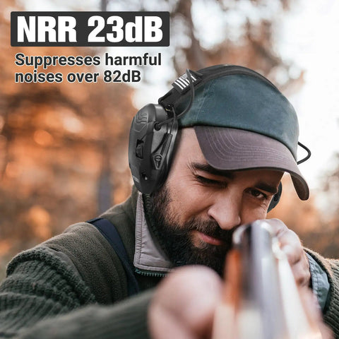 Man wearing Noise Reduction Ear Muffs With Gel Ear Pads 23dB NRR Slim Design For Gun Range And Hunting, aiming a rifle