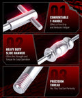 Components of Beefy Pro Grade Blind Hole Bearing Puller Set With Slide Hammer And Expandable Collets 8-32mm, highlighting T-handle, slide hammer, and thread.