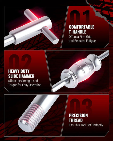 Components of Beefy Pro Grade Blind Hole Bearing Puller Set With Slide Hammer And Expandable Collets 8-32mm, highlighting T-handle, slide hammer, and thread.