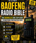 Cover of 'The Ultimate Baofeng Radio Bible' guidebook featuring a Baofeng radio and a sunset background.
