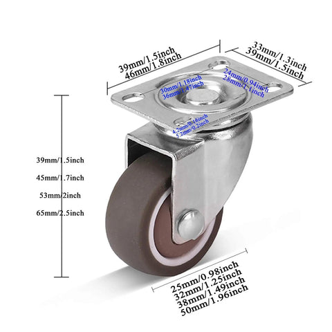 Heavy Duty Furniture Casters Set Of Four Featuring Smooth As Silk Swivel Wheels With Secure Locking Brakes For Gliding Right Desk Or Cabinet Upgrades And Tough Metal Plates On One To Two Inch Centers detailed close-up of gray polyurethane wheel and metal plate.