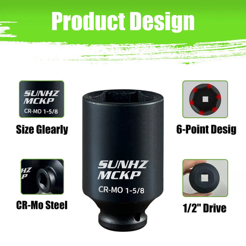 1/2-Inch Drive Deep 6-Point Impact Socket Set, 8-Piece SAE Spindle Axle Nut Kit, Chrome Molybdenum Build close-up view