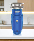Elite Three Quarter Horsepower Garbage Disposal With Continuous Feed on a kitchen countertop, blue casing.