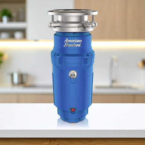 Elite Three Quarter Horsepower Garbage Disposal With Continuous Feed on a kitchen countertop, blue casing.