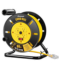 80 Foot Heavy Duty Retractable Extension Cord Reel For Indoor Outdoor Use With Four Grounded Outlets 14/3 AWG SJTW Cord 13 Amp Circuit Breaker Metal Stand ETL Listed