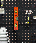 Pro Grade 12 Inch Magnetic Torpedo Level With Dead On Precision Green Acrylic Vials Heavy Duty Aluminum Frame and Shock Absorbing Rubber End Caps on pegboard.