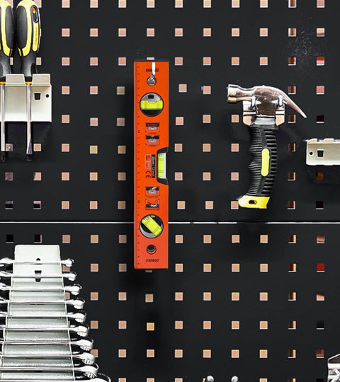 Pro Grade 12 Inch Magnetic Torpedo Level With Dead On Precision Green Acrylic Vials Heavy Duty Aluminum Frame and Shock Absorbing Rubber End Caps on pegboard.