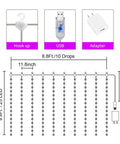 Diagram of 16 Color Changing Curtain Lights With 250 LEDs, 9.8 By 8.8 Feet Fairy String Lights, USB and adapter shown, 7 modes.