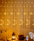 Dazzle Bright Ramadan Curtain String Lights With 138 LEDs Warm White Star Moon Fairy Lights 8 Lighting Modes With Remote 12 Hooks