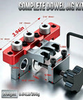 Heavy Duty Self Centering Doweling Jig Kit With Precision Drill Guide For Woodworking Crafts, showing dimensions and components.