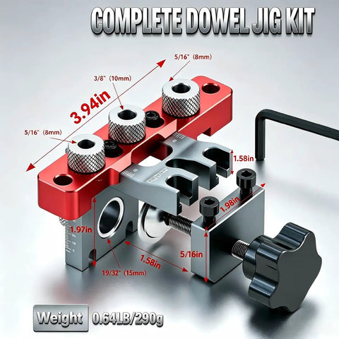 Heavy Duty Self Centering Doweling Jig Kit With Precision Drill Guide For Woodworking Crafts, showing dimensions and components.