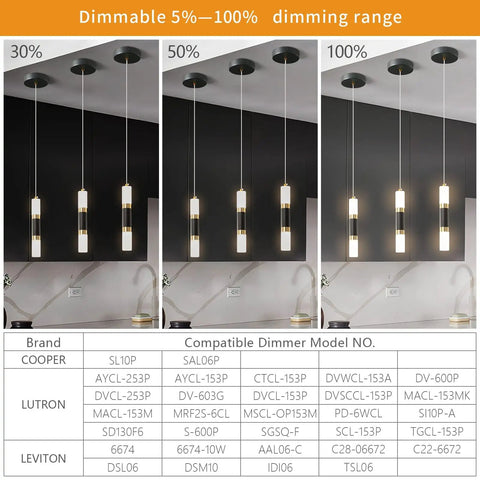 Sleek Dimmable LED Mini Pendant Light Set For Kitchen Island And Bar Black And Gold Finish showing dimming range over counter
