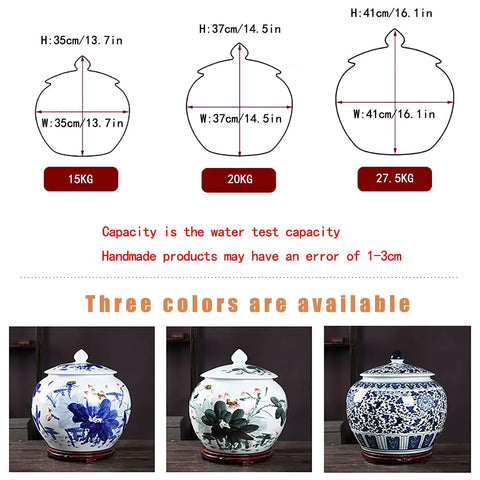 Heavy Duty Ceramic Airtight Rice Bin And Cereal Canister With Retro Chinese Motifs, 15kg, 3 color options, decorative kitchen storage.
