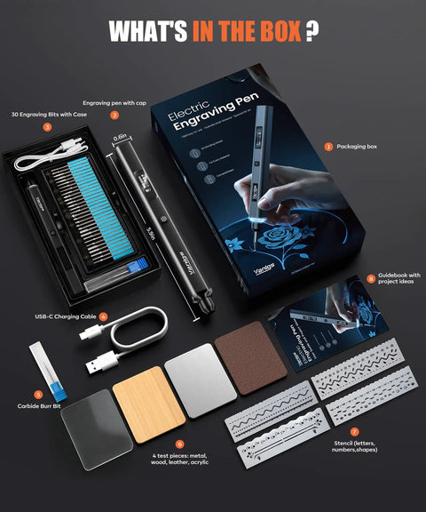 Engraving Pen Kit With LED Light And 31 Bits, Cordless Rechargeable Engraver With Five Speeds, packaging and accessories.