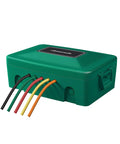 Green outdoor weatherproof electrical box with waterproof cord protector for extension cords and power strips, no more soggy plugs