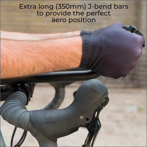 Aluminum Two Piece Aero Bars For Road Bikes With J Bend Design And Extra Long 350mm Bars grip close-up while cycling