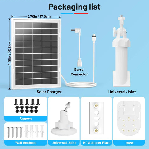 Packaging components of 2 In 1 Solar Panel Wall Mount For Outdoor Security Camera With 7W Solar Charger, including screws and base.