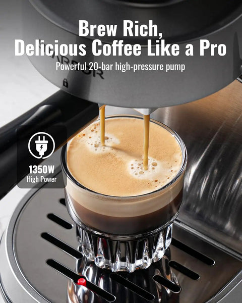 Level Up Your Daily Grind With This Solid 20 Bar Semi Auto Espresso Machine brewing espresso into a clear glass.