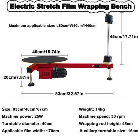 Electric Stretch Film Wrapping Machine Wrap Around Film Balers 15 7 Inch Turntable 30 Rpm, power 25W, dimensions 83x40x67cm