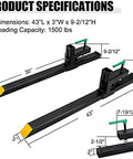Diagram showing 60 Inch Clamp On Pallet Forks For Tractor Loader Buckets Heavy Duty Fork Attachments Up To 4000 Lbs Load Capacity, dimensions.