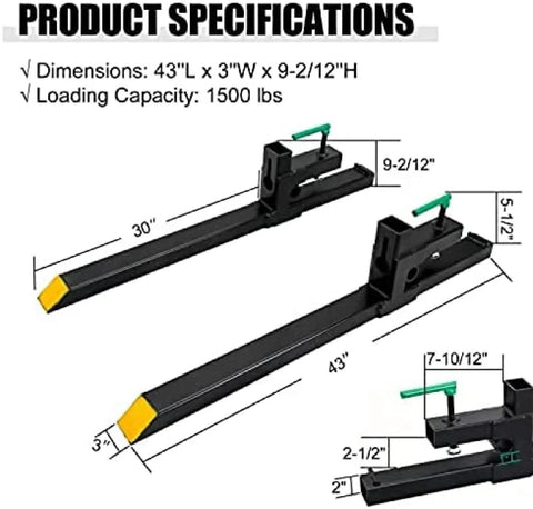 Diagram showing 60 Inch Clamp On Pallet Forks For Tractor Loader Buckets Heavy Duty Fork Attachments Up To 4000 Lbs Load Capacity, dimensions.