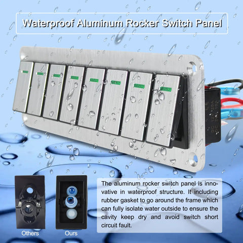 Eight Gang Aluminum Rocker Switch Panel For 12V And 24V Systems, 3 Pin On Off, pre-wired waterproof toggle panel with LED lights