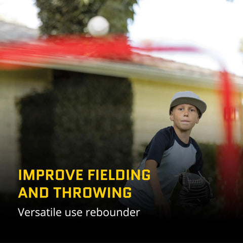 Child playing with PitchBack Baseball And Softball Pitching Net And Rebounder For Fielding Practice Black And Red Durable Steel Frame