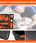 47 Piece Tool Drawer Organizer Set in Orange, displayed with tools in car engine, anti-slip foot, connectable design, black trays.