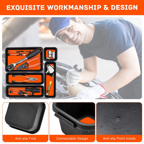 47 Piece Tool Drawer Organizer Set in Orange, displayed with tools in car engine, anti-slip foot, connectable design, black trays.