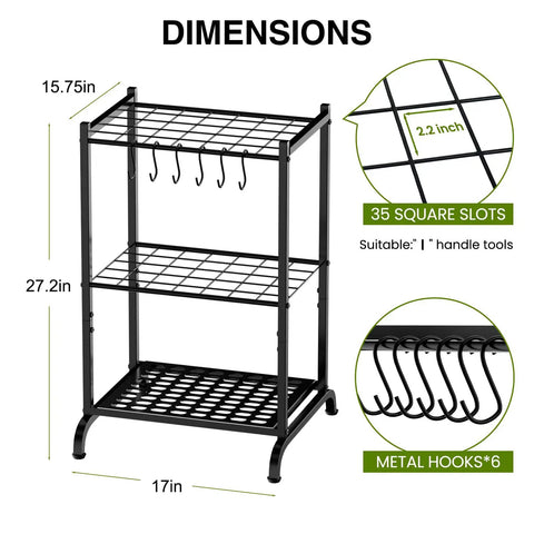 Garden Tool Organizer With 35 Slots And 6 Movable Hooks Heavy Duty Metal Tool Tower Rack For Garage Storage Black with dimensions