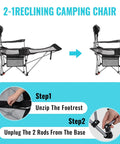 2 In 1 Reclining Camping Chair With Footrest For Adults showing steps to remove footrest, featuring adjustable backrest and sturdy frame.