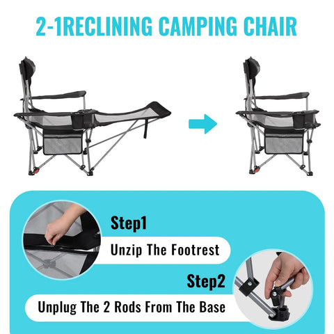 2 In 1 Reclining Camping Chair With Footrest For Adults showing steps to remove footrest, featuring adjustable backrest and sturdy frame.