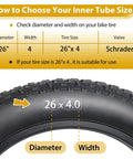 How to choose size for 2 Pack 26 x 4.0 Fat Tire Inner Tube With 32mm Schrader Valve Puncture Resistant Butyl Rubber Tubes