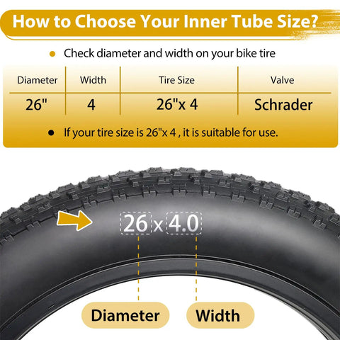 How to choose size for 2 Pack 26 x 4.0 Fat Tire Inner Tube With 32mm Schrader Valve Puncture Resistant Butyl Rubber Tubes