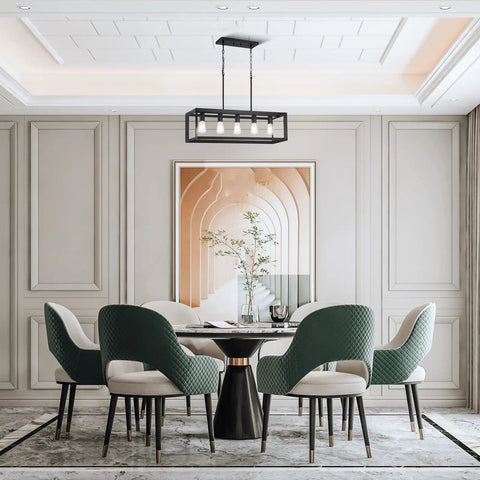 Dining room with Five Light Cage Pendant Island Light With 33 Inch Adjustable Hanging Ceiling Fixture In Oil Rubbed Bronze