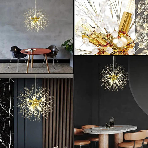 Gold Modern 8 Light Crystal Sputnik Dandelion Chandelier Pendant Lighting with crystal shine in dining room setting.