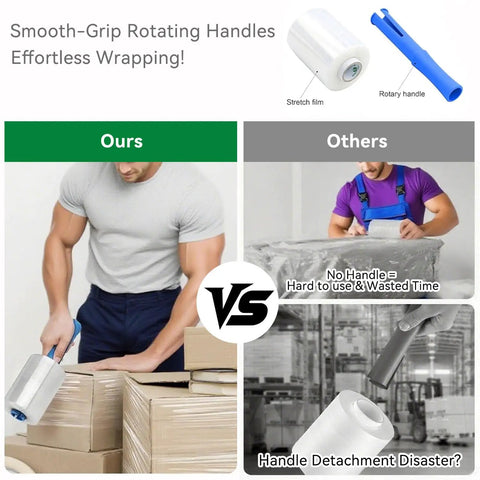 Comparison of stretch wrap usage with smooth-grip rotating handles, highlighting Heavy Duty Stretch Film Shrink Wrap Roll Pack Five Inch By Twelve Hundred Feet Eighty Gauge With Six Hundred Percent Stretch Self Adhering No Residue Grips Tight Plastic Wrap For Moving Packing Shipping Furniture And Pallet Stabilization Twelve Rolls, versus other brands with no handle.