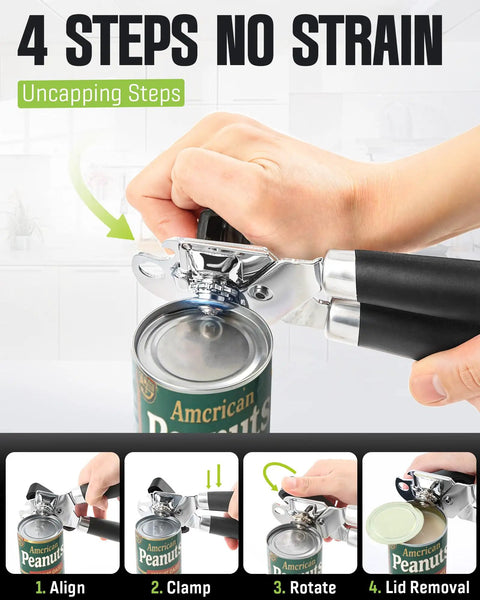 Heavy Duty Manual Can Opener With Smooth Cutting Edge demonstration, ergonomic non-slip handle, opening a can in four steps.